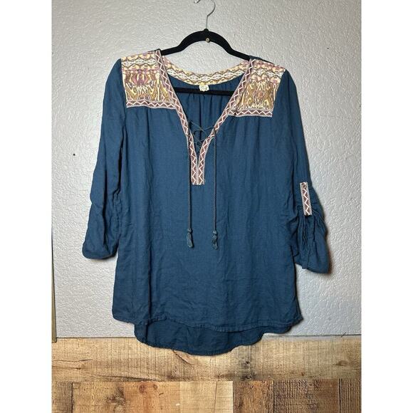 BKE x GIMMICKS Tasseled Peasant Top Womens Sz M Boho Bohemian Tasseled Hippie - Picture 2 of 12